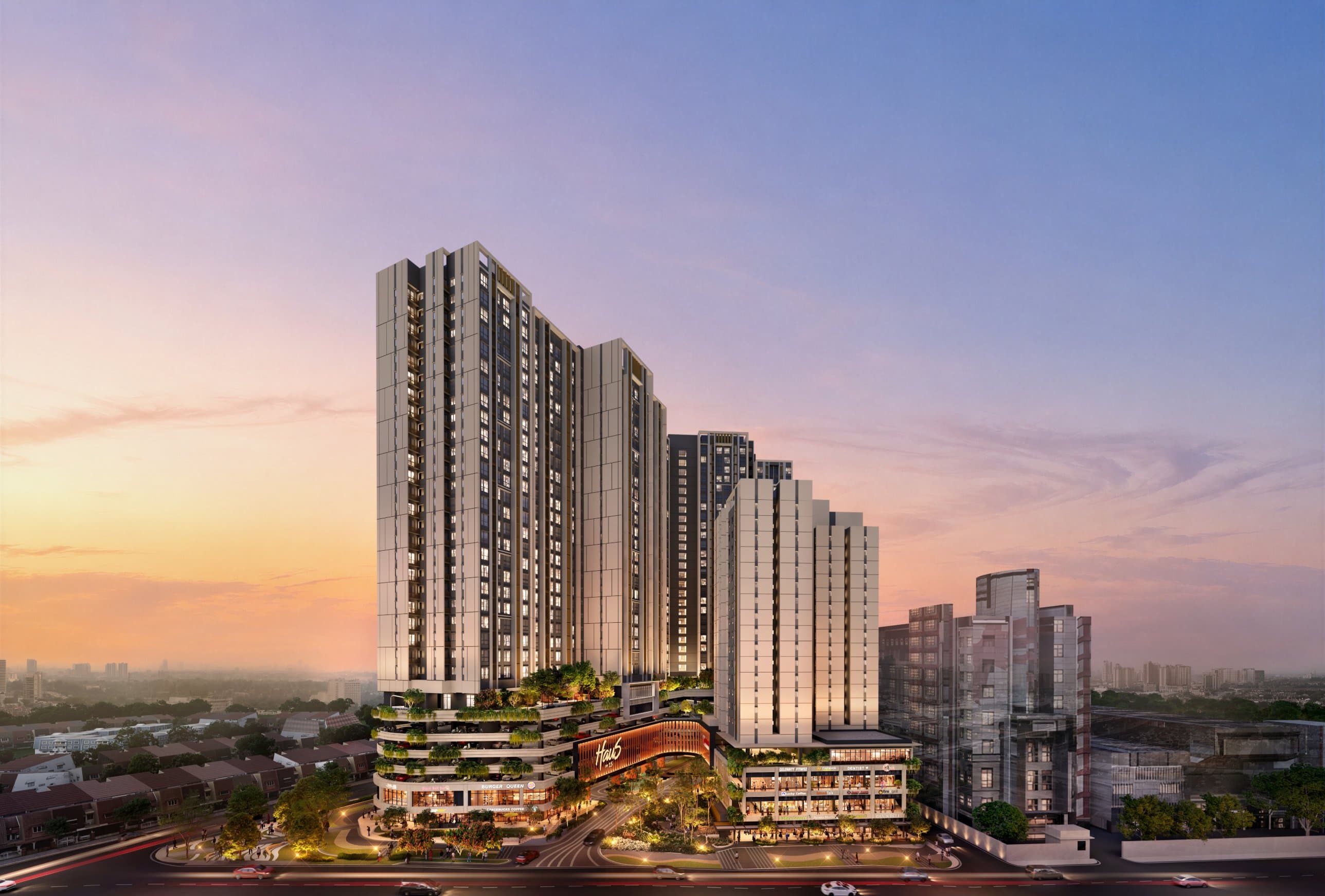 Haus on 15 — aerial dusk view of the residential towers above the retail podium, artist impression