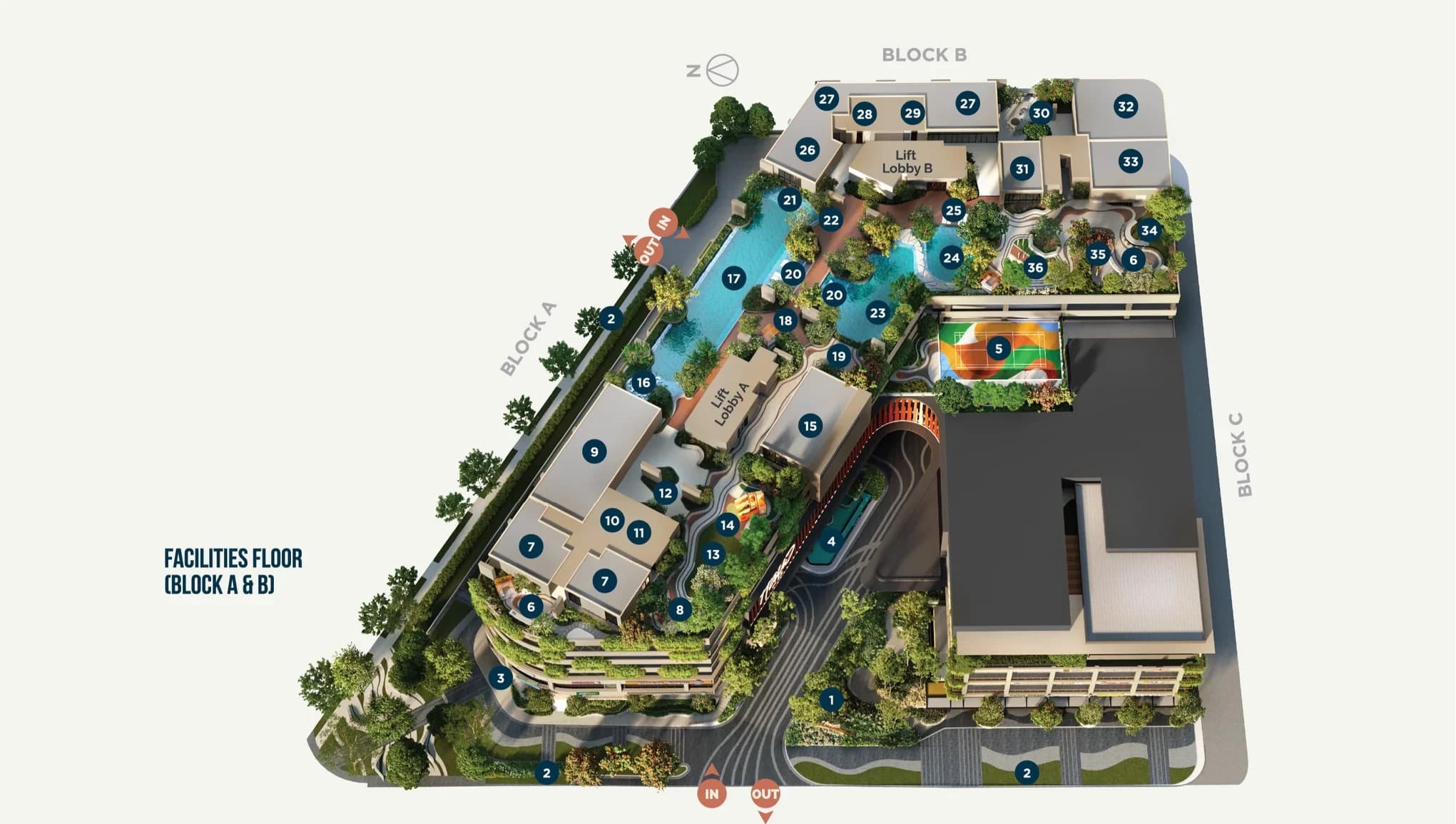 Haus on 15 facilities floor plan for Block A & B, showing the numbered locations of all 36 facilities across Level 1, Level 5 and Level 7
