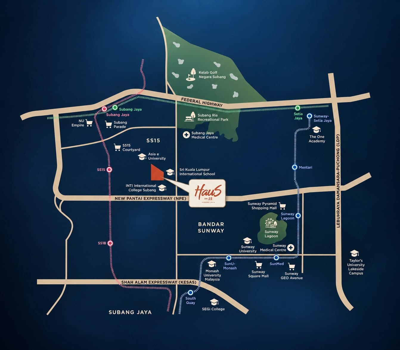 Haus on 15 SS15 location map showing nearby LRT stations, universities, shopping, healthcare and major highways.